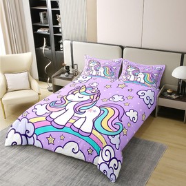 100% Nature Cotton Watercolor Rainbow Unicorn Duvet Cover,Colorful Stripes Hand Draw Clouds Stars Bedding Sets (NO Comforter),Dreamy Girls Room Decor Purple Print All Season Bedding Full Size