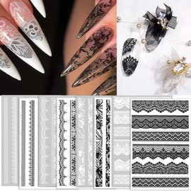 Sucodver Nail Lace Stickers, Nail Stickers, Lace Pattern, Black, White, Cute, Fashionable, Just Stick, Nail Decoration, DIY, Set of 8