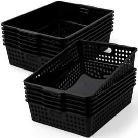12 Pcs Plastic Storage Baskets Bulk 14 x 10 In Stackable Storage Bin with Handles A4 Size Desktop File Letter Organizer Tray Multi-purpose Container for Shelve Desktop Classroom Office Home Playroom