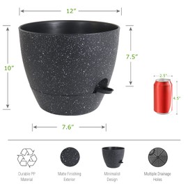 UOUZ 12inch 2Pack Large Self Watering Planters, Plastic Plant Pots with 60oZ Removable Deep Reservoir and Multi Mesh Drainage Holes for Indoor Outdoor Garden Plants and Flowers, Black Speckles