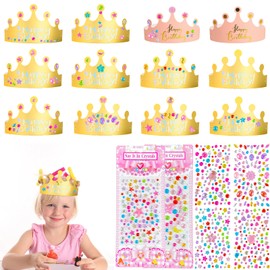 Lithyc 18-Piece Crown Children's Birthday Party - DIY Set with Golden Crowns Crafts - Golden Crowns Crafts Children's Birthday Party with Gemstone Stickers