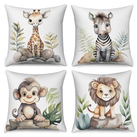 ASDCXZ Kinder Kissenbezug 40x40 cm 4er Set, Niedlich Tier Löwe Giraffe Zebra AFFE Sofa Dekokissen Kissenbezüge Kissenhülle Waschbar Polyester Flachs Textil Outdoor Kopfkissenbezug Kissen Bezug