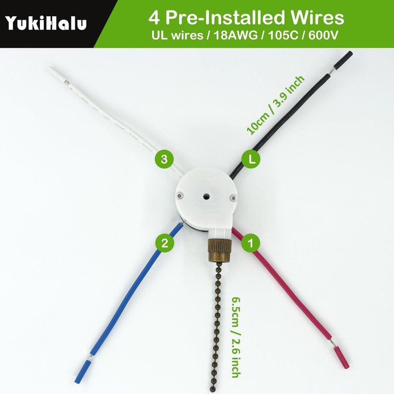 YukiHalu Ceiling Fan Pull Chain Switch 3 Speed 4 Pre-Installed
