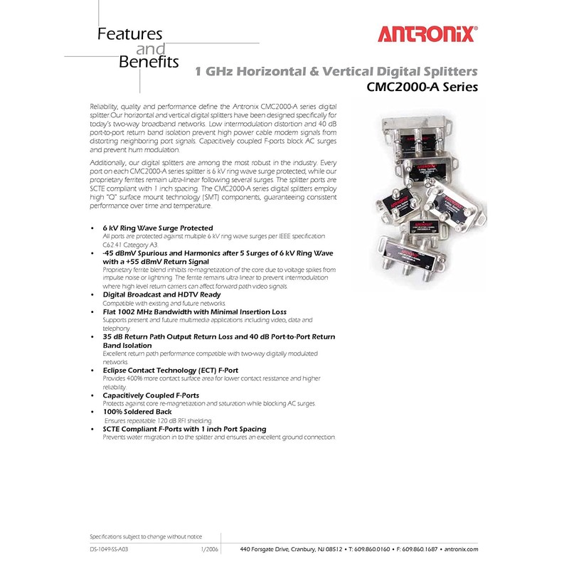 Antronix 4-Way Horizontal Splitter 1 GHz 5-1002 MHz MoCA Capable,
