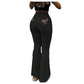 WDIRARA Women's Bowknot Bell Bottom Flare Jeans Stretchy High Waisted Denim Pants Black Small