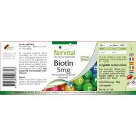 Fairvital Biotin 5 mg – High-Dose Vitamin B7 – 90 Vegan Capsules – 5000 mcg per Capsule – Lactose-Free