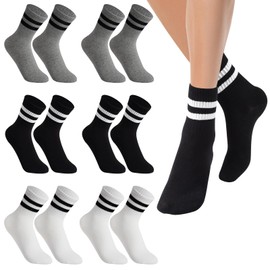 Fjquamitix 6 Pairs Kids Sports Crew Socks Breathable Boys Black White Grey Striped Socks Girls Cotton School Athletic Sock for Children Daily Wear (Age 9-12 Years, Stripe black/white/grey)