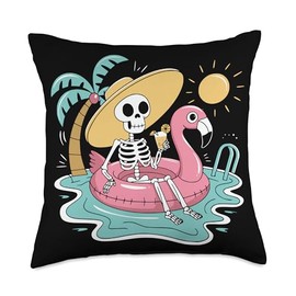 Skeleton Pool Flamingo Throw Pillow