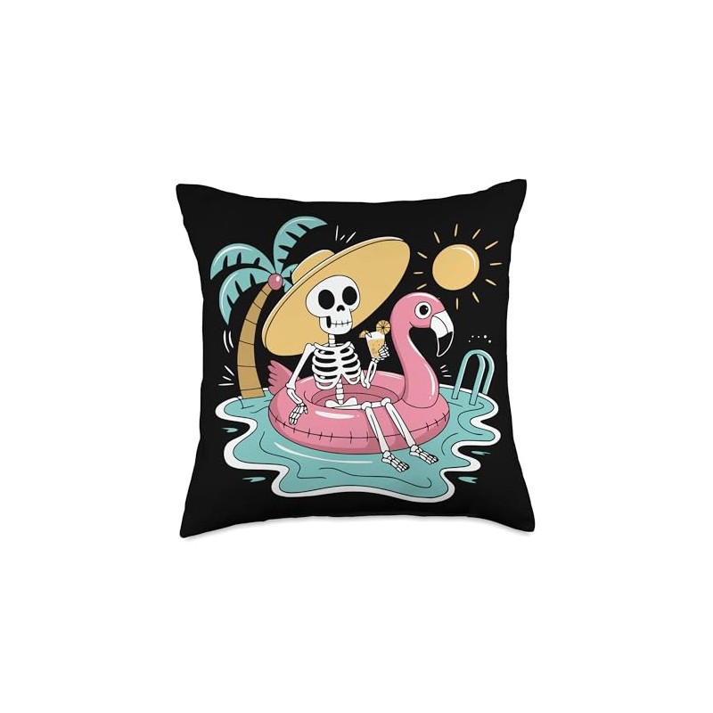 Skeleton Pool Flamingo Throw Pillow