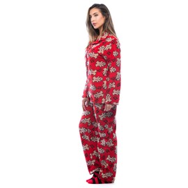 FollowMe Printed Microfleece Button Front PJ Pant Set with Socks 6370-10237, 1X Plus, Red - Bite Me Gingergirl