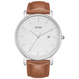BUREI Men's Fashion Minimalist Wrist Watch Waterproof Watches Simple Ultra Thin Watches Analog Quartz Date with Brown Black Leather Strap