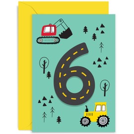 Old English Co. Colourful Sixth Birthday Card for Boys and Girls - Fun Construction Vehicle Happy 6th Birthday Card for Children - Age 6 - Digger Tractor Birthday Card for Him or Her | Blank Inside