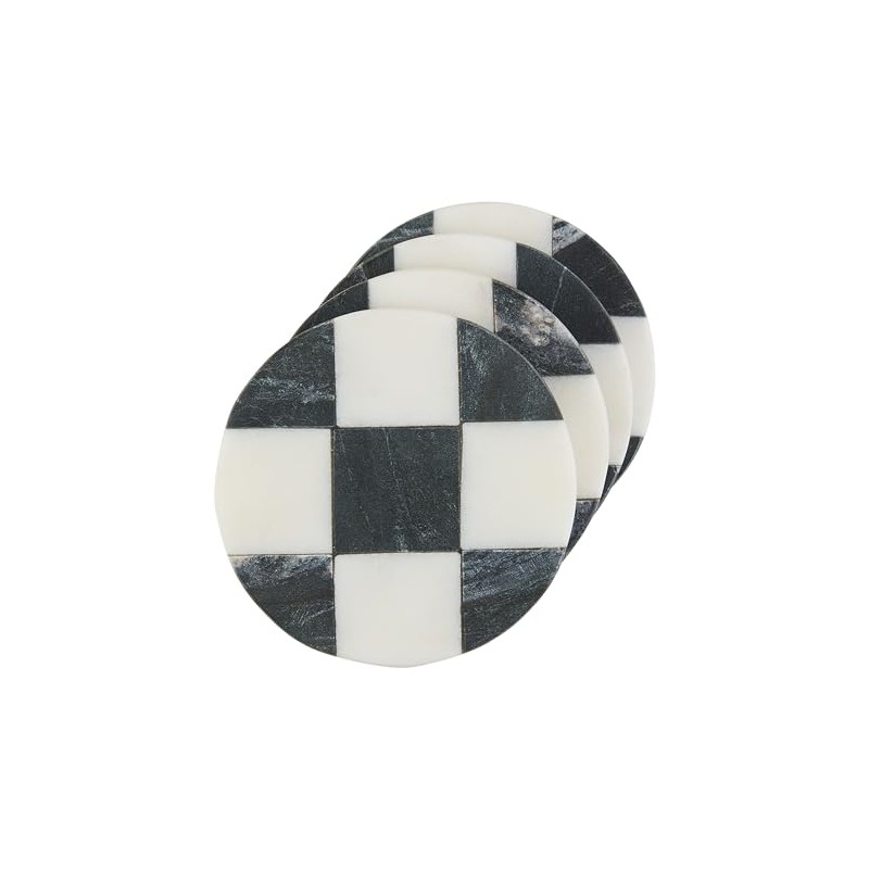 Mud Pie Circle Checkered Coaster Set, 4" x 4", BLACK