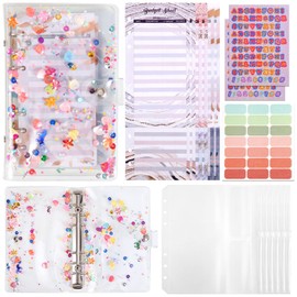 A6 Binder Budget Notebook, Budget Planner Kit, Ring Binder with 8 Transparent Zip Protective Covers, 2 Transparent Card Slots, 21 Labels, 12 Gold Foil Budget Cards and 3 Sequin Stickers