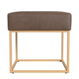 HomePop Decorative Small Square Gold Metal Ottoman | Ottoman Stool for Living Room & Bedroom | Decorative Home Furniture (Brown Faux Leather)