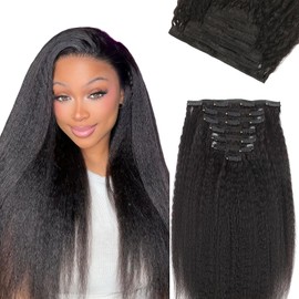 Yuniffe Kinky Straight Clip in Hair Extensions Real Human Hair 7Pcs 120g Kinky Straight Clip ins full Head Remy Hair Extensions for Women Natural Black Double Weft Extensions 16 Inch