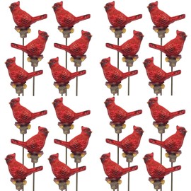 BANBERRY DESIGNS Cardinal Plant Stakes - Set of 24 Bird Stakes - Red Cardinals on Metal Picks Garden Décor - 12 Inches Tall