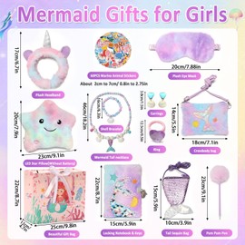 Justforjoyful 73Pcs Mermaid Gifts for Girls 5 6 7 8 9 10+ Years Old Birthday Mermaid Toy with Light Up Plush Star Pillow Diary Purse Jewelry Girl Toys Birthday for Toddler and Daughter