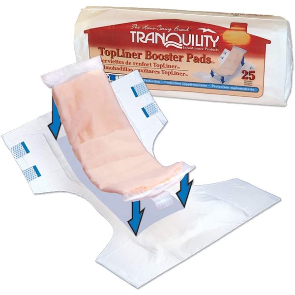 Tranquility TopLiner Disposable Booster Pads with Adhesive Strip, Secure Placement, Extra Absorption, Odor Control, Stackable, Mini (10.5" x 2.75") 25 ct