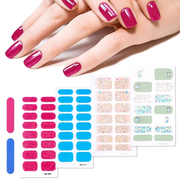 Nail Polish Strips, 3D Self-Adhesive Stylish Nail Art Decal Stick on Nail Polish Strips, Adhesive Full Nail Wraps Long Lasting, Nail Stickers for Women 64pcs -Includes 2 Nail File