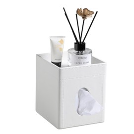 Cretkhp Tissue Box Cover, PU Leather Square Tissue Box Holder with Storage Tray for Bathroom Vanity Countertop Night Stands Bedroom Office Desk, Stylish Tissue Holder Decorative Organizer