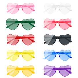 AEAHALY 10 Pairs White Red Pink Blue Purple Green Heart Sunglasses Bulk for Women and Men, Transparent Heart Shaped Sunglasses Heart Glasses Effect Heart Glasses Bachelorette Bride Party Favors