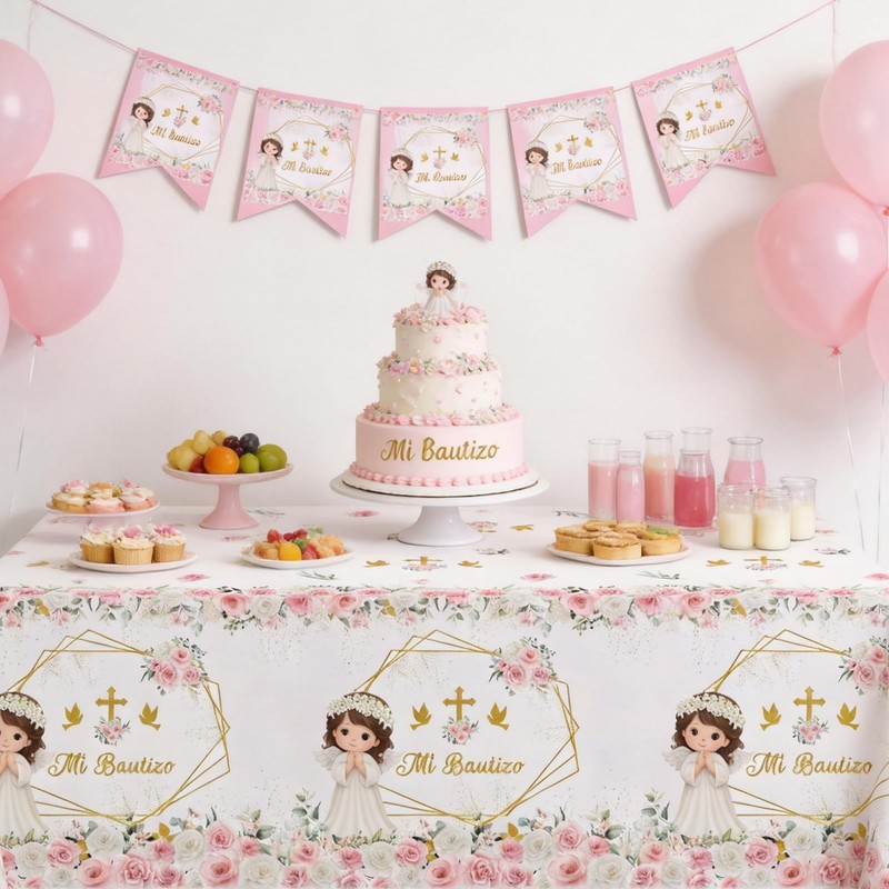 HIPVVILD Mi Bautizo Baptism Tablecloth Party Decorations for Girls, 3