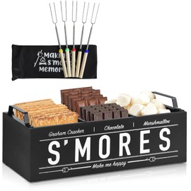 S'Mores Station, Farmhouse Smores Caddy with Handles, Smores Kit for Fire Pit Smores Maker Box, Smores Bar Station with 5Pcs Extendable Marshmallow Roasting Sticks, Camping Essentials Gear Accessories