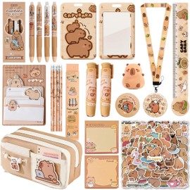 RHUIOKJLDF Cute Capybara Stationery Gift Set ballpoint pens, pencil cse, sticky notes ，pencil sharpener，ruler，Badge，pencil，ID badge holder with lanyard，erasers