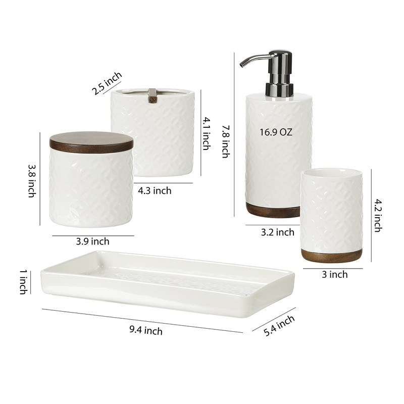 Motifeur Bathroom Accessories Set, 5-Piece Ceramic and Wood Bath Accessory