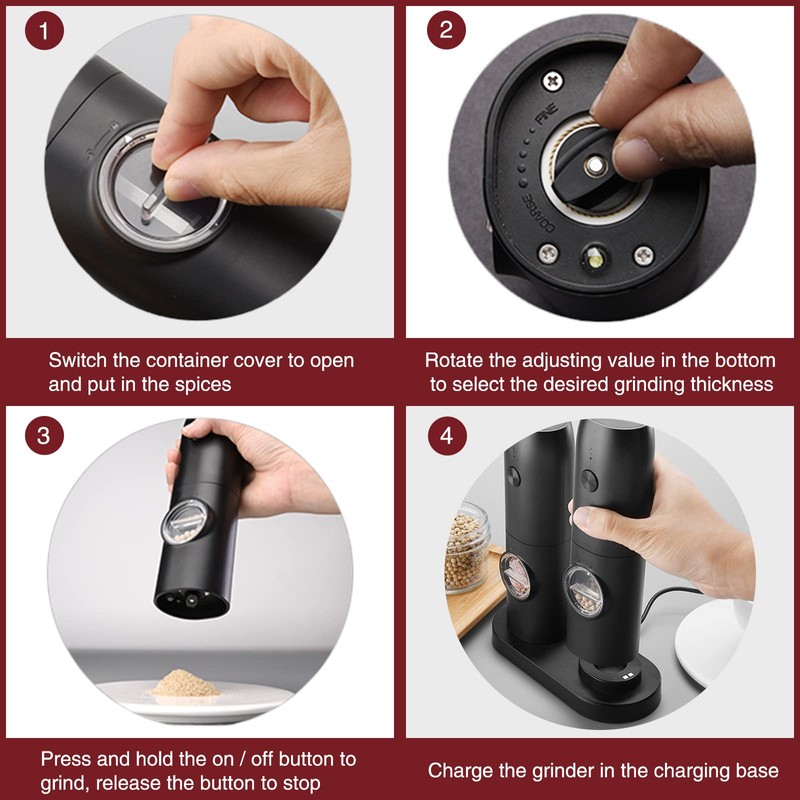 Electric Salt and Pepper Grinder Set - USB Rechargeable,LED Light,Adjustable