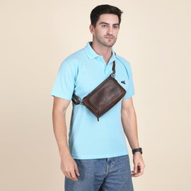 Crossbody Sling Bag Genuine Leather Purse Crossover Trendy Shoulder Handbag Leather Fanny Pack Waist Pack Travel Gadget Organizer for Men and Women - Brown