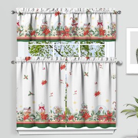 Christmas Kitchen Curtains and Valances Set of 3,Christmas Poinsettia Berry Holly Christmas Kitchen Decor,Winter Xmas Curtains and Valances Short Curtain Set for Kitchen Bedroom Holiday Decor 36 Inch
