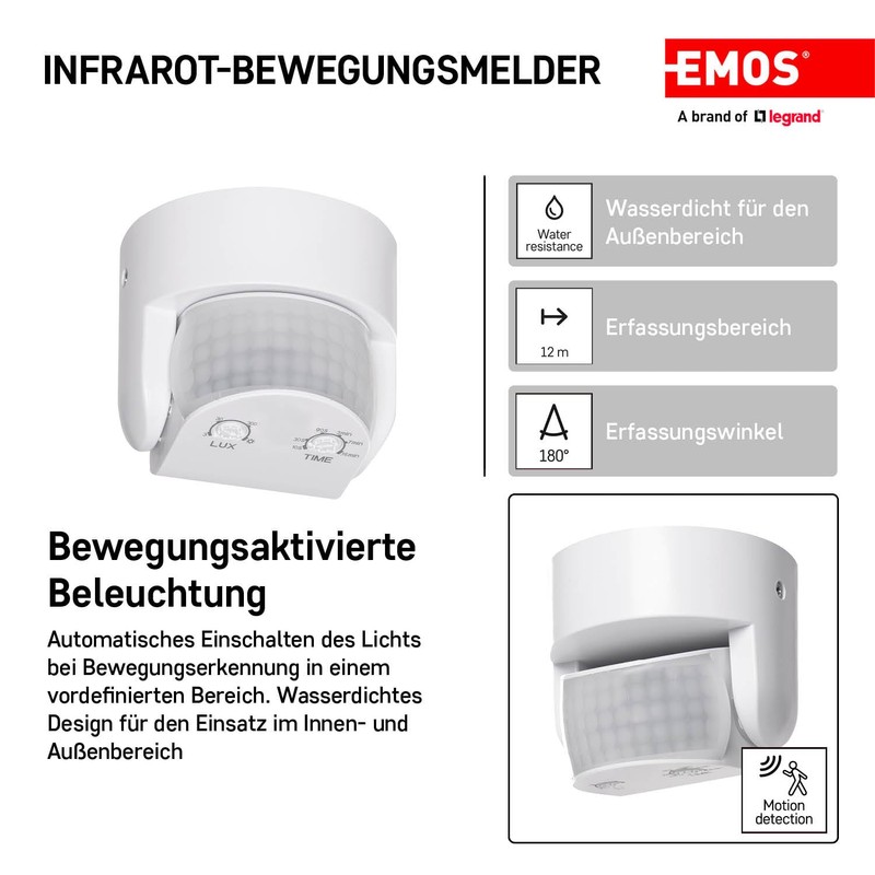 EMOS G1240 Infrared Motion Sensor IP65 for Indoor and Outdoor
