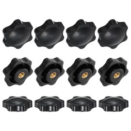 M METERXITY 12-Pack 6 Star Knobs, 1/4"-20 Female Thread 1.26"(32mm) Hexagon Head Blind Hole Clamping Grip Handles for Machinery/Electronic/Woodworking, Brass Screw-On Threaded Knob [Black]
