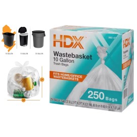 HDX HDX960428 250-Count Waste Trash Liner Bag Clear Garbage Bag 10 Gallon, 1 Box of 250 Bags