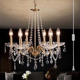6-Light Gold Plug in Crystal Chandelier, Outdoor Chandelier, Modern Plug in hanging Pendant Light with 16.4 ft Clear Cord&On/Off Switch, Ceiling Lighting Easy to Install for Gazebo Kitchen Island