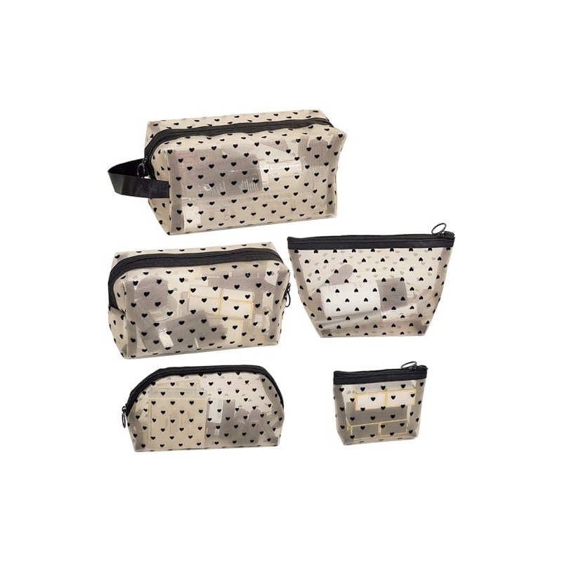 Set 5 Bolsas de Malla Transparente con Estampado Corazón, Neceser