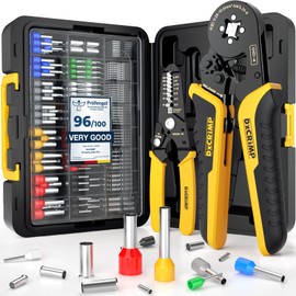 DxCRIMP Ferrule Crimping Tool Kit, Ratchet Pliers for 24-8 AWG with 24 Types Insulated and Non-Insulated Ferrules, Ferrule Crimper, Wire Ferrules Kit, Crimping Pliers set with Wire Strippers