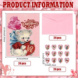 CHUNNIN 24 Pack Valentine's Day Vintage Puppy Cards with Envelopes and Stickers Retro Valentine’s Day Puppies Greeting Cards Pink Note Cards for V-Day Gift Valentines Kids Classroom Exchange Supplies