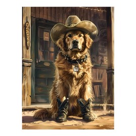 Tryadren Diamond Art Kit for Adults, Western Cowboy Golden Retriever Diamond Painting for Adults Beginners, 5D DIY Diamond Art Painting Kits Craft for Home Wall Decor 12x16 Inch No Frame