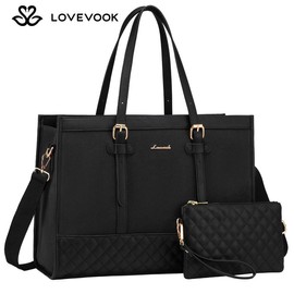 LOVEVOOK 15.6" Laptop Tote Bag with Clutch Purse, Canvas Computer Bag Office Briefcase, Casual Handbag for Travel, College, Teacher, School:_Black & White_15.6''