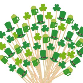Estivaux 100 PCS St. Patrick's Day Cocktail Sticks Irish Shamrock Cocktail Sticks Wooden Cocktail Stirrers Leprechaun Beer Cupcake Toppers Disposable Party Picks for Appetizers Cocktail Accessories