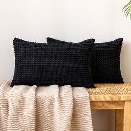 EMEMA Corduroy Granule Throw Pillow Covers Decorative Cushion Covers Oblong Soft Pellets Solid Pillowcase for Sofa Bedroom 12x20 Inch 2 Pieces Balck