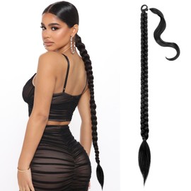 Mebeli Braided Ponytail Extension for Black Women - 36 Inch Long Straight Wrap With Braid and Hair Tie - 1B
