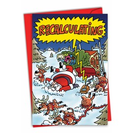 NobleWorks - Christmas Card with Envelope (4.63 x 6.75 Inch) - Cartoon Xmas Notecard Winter Holiday Card for Kids, Adults - Recalculating 5759