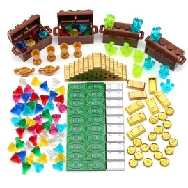 Money Diamonds Crystals Gold Treasure Chest Building Blocks with Gold Bars, Silver Bars, Coins, Chalice, 100 Dollar Bill Cash, Power Miner Toys Compatible with Large Brands