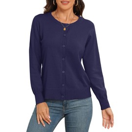 PrinStory Women's Button Down Crewneck Cardigan Knit Lightweight Long Sleeve Side Split Designer Jumper Cardigans Casual Outwear Tops for Dress Summer Evening Wedding (Navy Blue, Large)