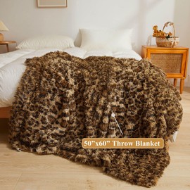 XeGe Luxury Faux Fur Leopard Print Throw, Soft 50x60 Cheetah Print Fluffy Blanket, Shaggy Plush Decorative Couch Throw, Cute Furry Fuzzy Animal Print Blanket for Sofa Bed, Brown