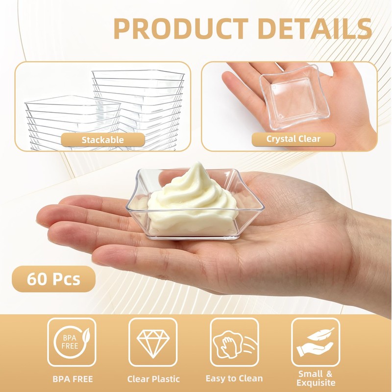 60 Pcs Mini Clear Dessert Plates 2.4 Inch Disposable Square